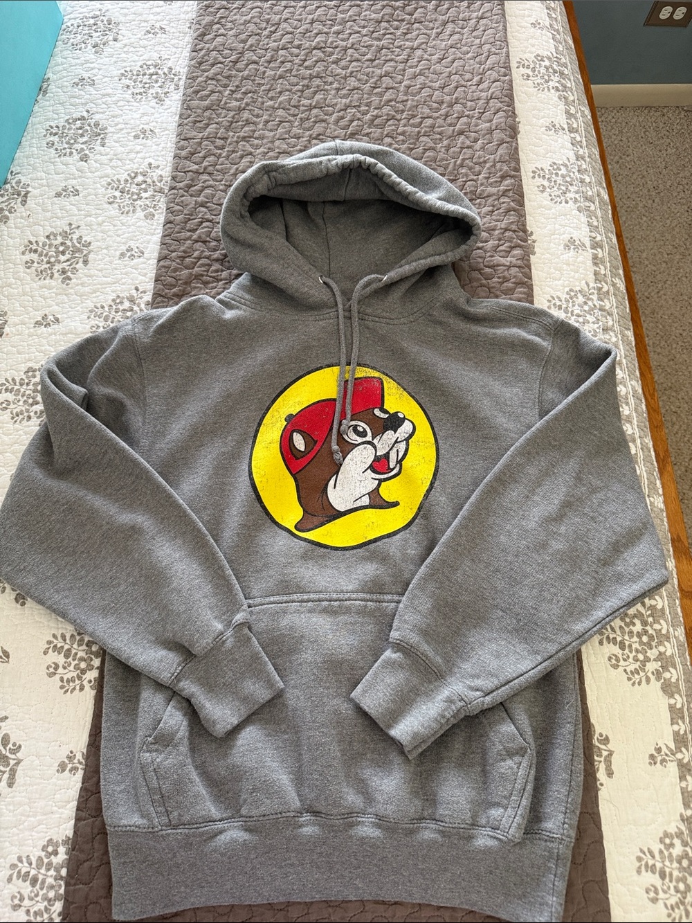 Gray Pullover Hoodie with Retro Yellow & Red Graphic